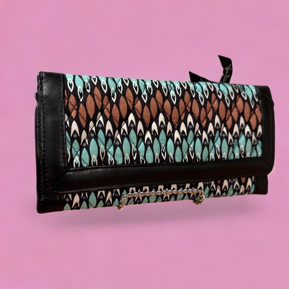 FREE* Vera Bradley Sierra Stream Trifold Wallet Faux Leather Trim, Black GUC